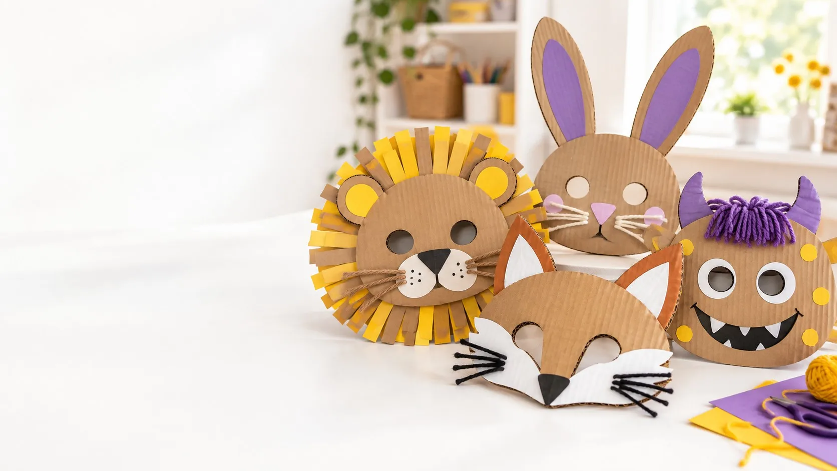 Cardboard animal face masks — lion, bunny, fox, monster