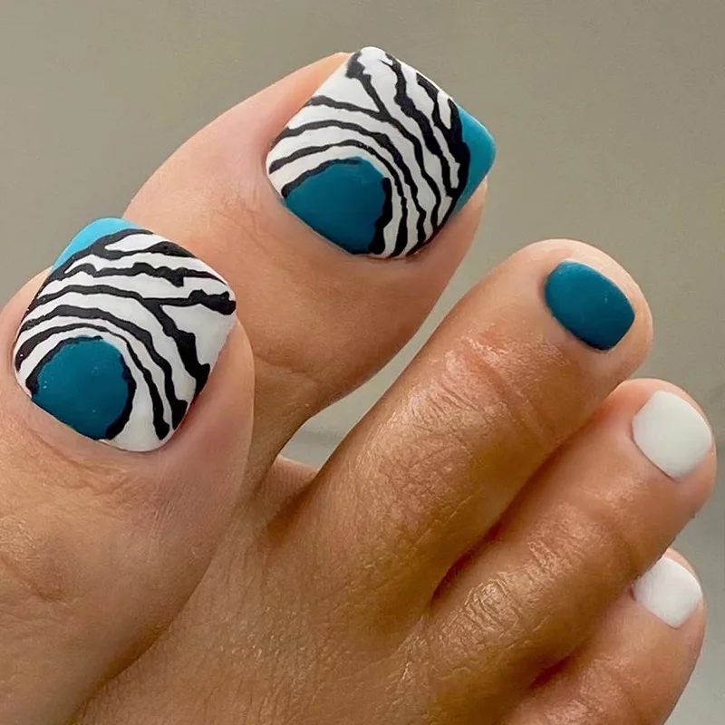 24Pcs Artificial Fake Toe Nails With Jelly Glue Sticker Zebra stripes Press  On False Toenails DIY