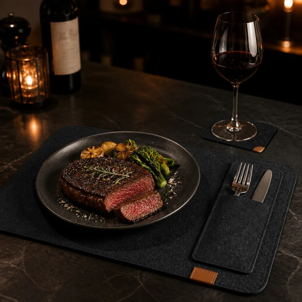 dark dinner scene with felt placemat, cutlery pouch and coaster