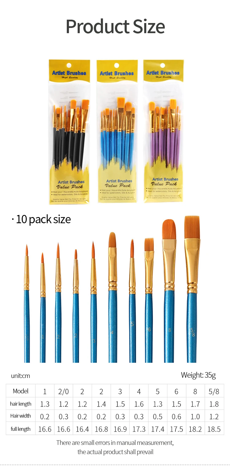 Artist Brushes 3/6/10/12 Pieces Nylon Hair Watercolor Gouache Acrylic Flat Round Head Wooden Art