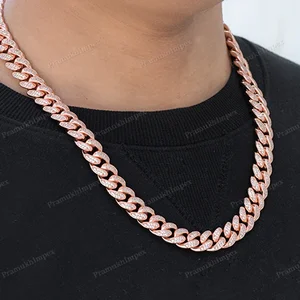 Wholesale Customized 12mm 10/14/18KT Gold Plated Miami Cuban Link Chain Necklace 16-24 Inch Fully Iced Moissanite Cut Diamond