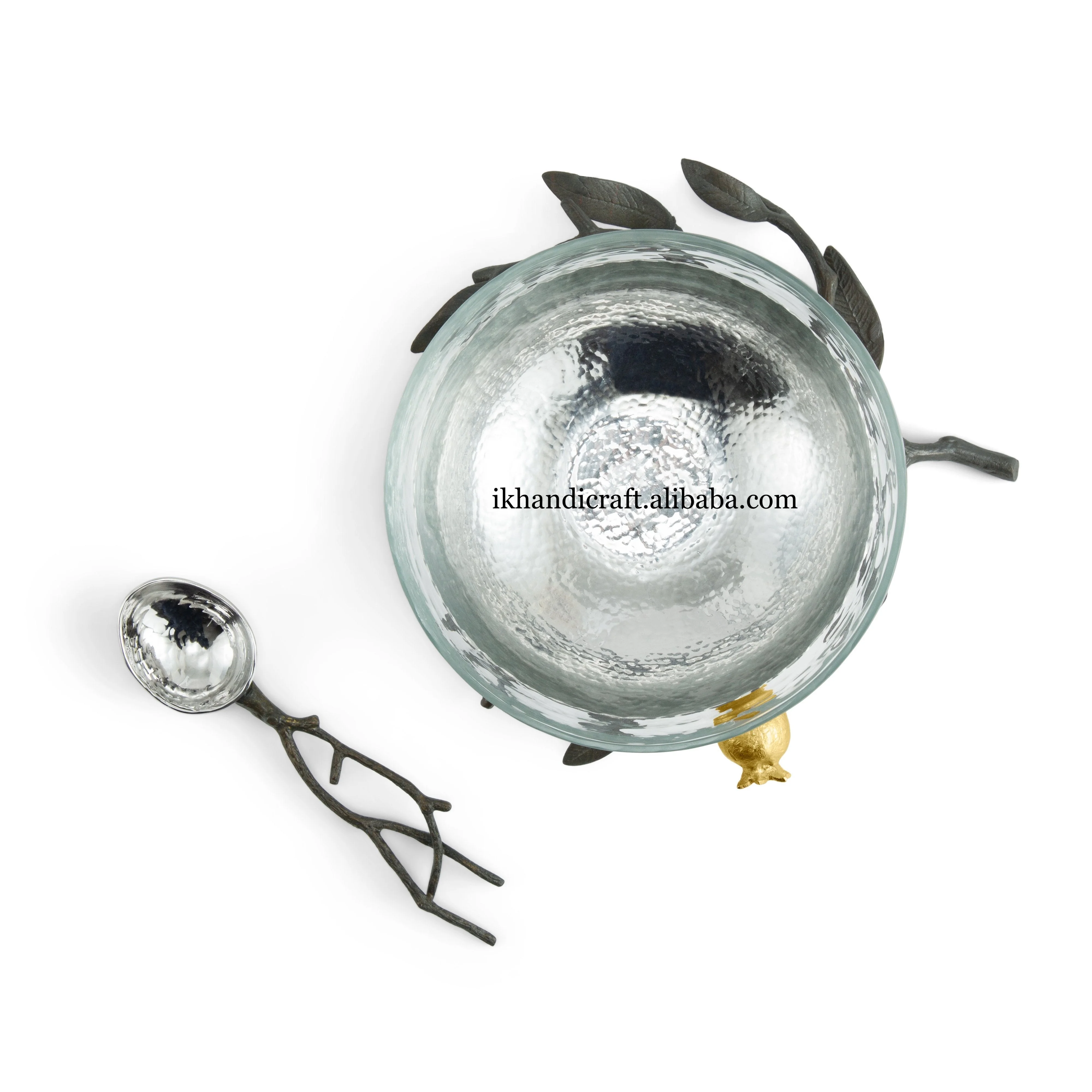 High Demand Luxurious Designer Handmade Pomegranate Glass Metal Bowl with Nickel Plating Matching Steel Spoon Customised Texture