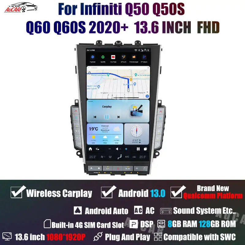 Mark 7 AuCAR 13.6" Android 13 Tesla Screen Car Radio Video for Infiniti Q50 Q50S Q60 Q60S 2014-2022 GPS Navigation Stereo Player