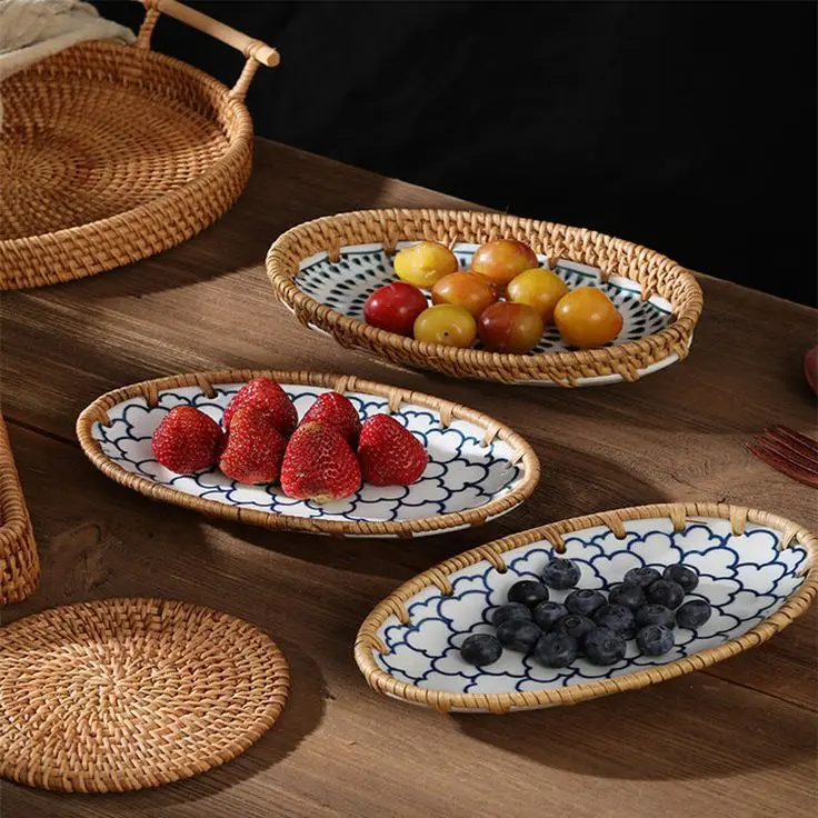 Handmade Oval Rattan Serving Tray With Handles - Rustic Vintage Style, 3 Sizes (S, M, L), Natural Weave, Multipurpose