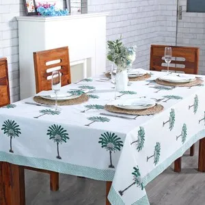Pine Green and Peanut Brown Tree Print With Green Striped Border Table Cover Indian Hand Block Printed Table Cover