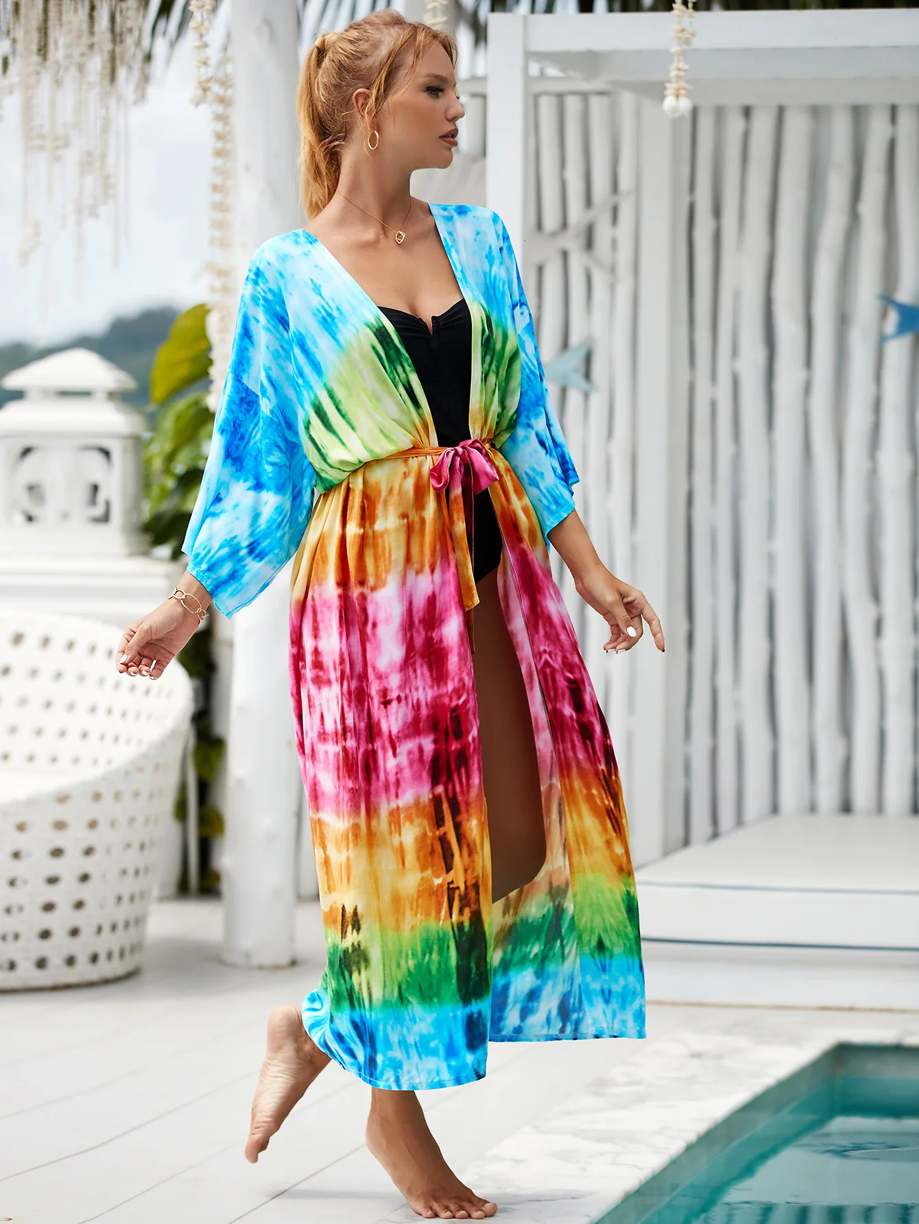 Multi Beautiful Fancy Floral Tie Dye Beach Holiday Wear Rayon Kimono ...