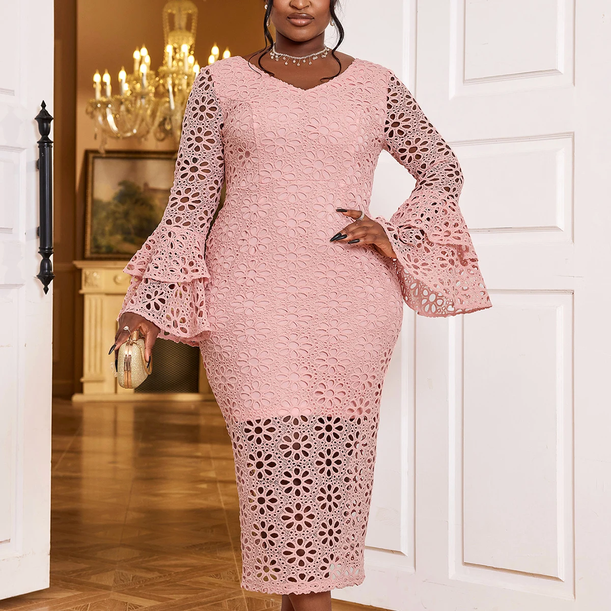 pink lace dress with bell sleeves Whispers of Blush Lace Bell-Sleeve Mini Dress