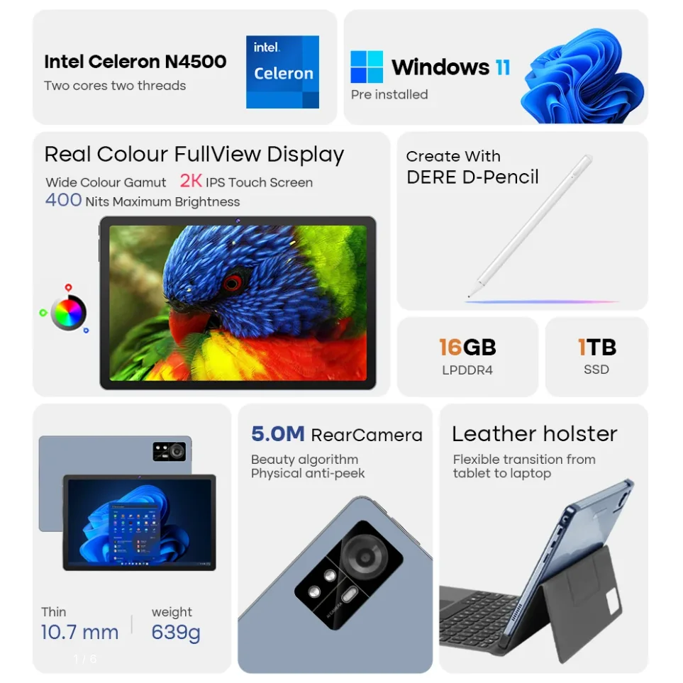 11Inch Touch Screen Tablet Intel Celeron N4500 8GB 2K IPS 5G WiFi Office Learning Wind 11 Notebook Best Tablet to Replace Laptop