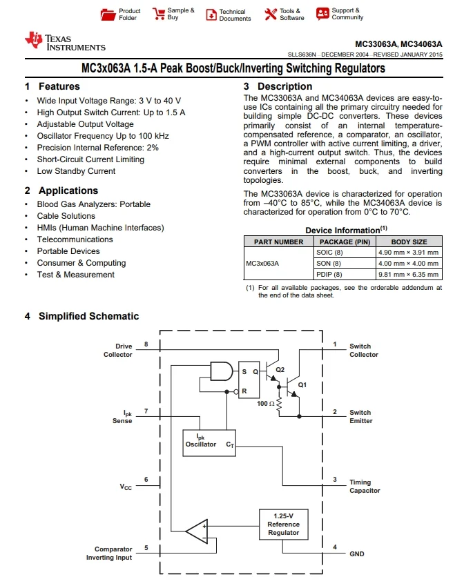 Hot sale Original MC33063ADR PMIC IC Buck Boost Switching Regulator IC Positive or Negative Adjustable 1.25V 1Output 1.5A 8-SOIC