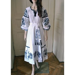 Hand Block Printed Latest Tunic Embroidered V-neck Long Sleeve Ankle Length Tunic Ukrainian Beach Dress for Women