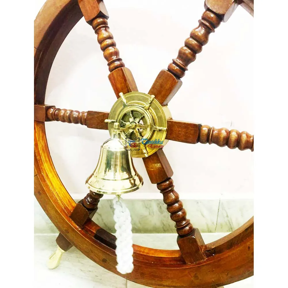 Brass Nautical Marine Bell Design Ship Wheel Wooden Ship Steering Pirate Captain Marine Boat