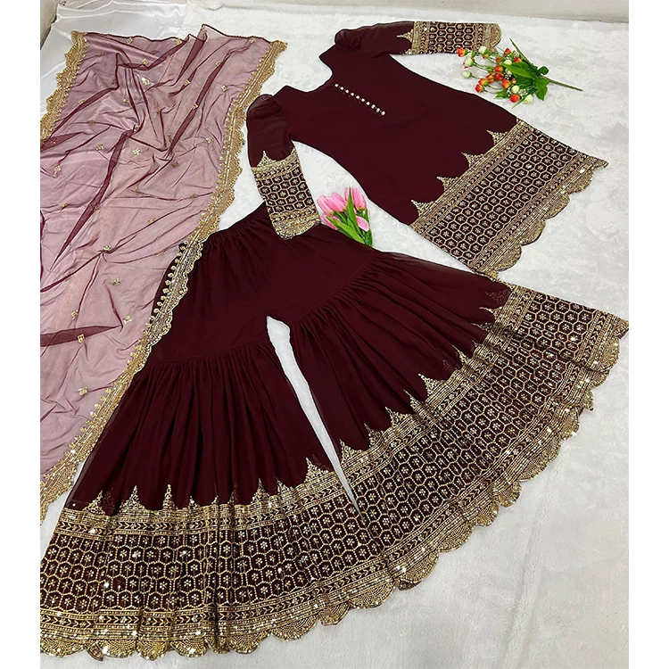 Latest New Collection Women's Indian Pakistani Wedding Wear Full Sleeve Faux Georgette Kurti Sharara Palazzo Dupatta Set Full