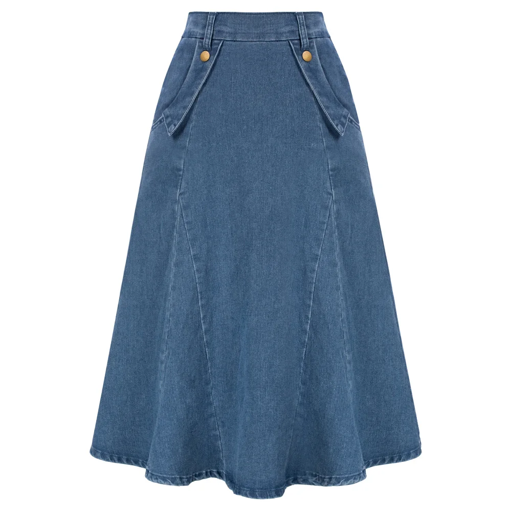 Oem Elastic Flared A-line Midi Jean High Waist Women's Skirts Vintage ...