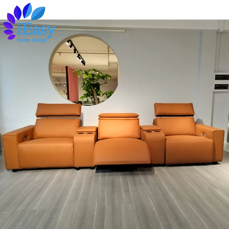 iEasy furniture luxury air leather brown leather recliner 4 seater power headrest massage recliner sofa set for private theater 333029