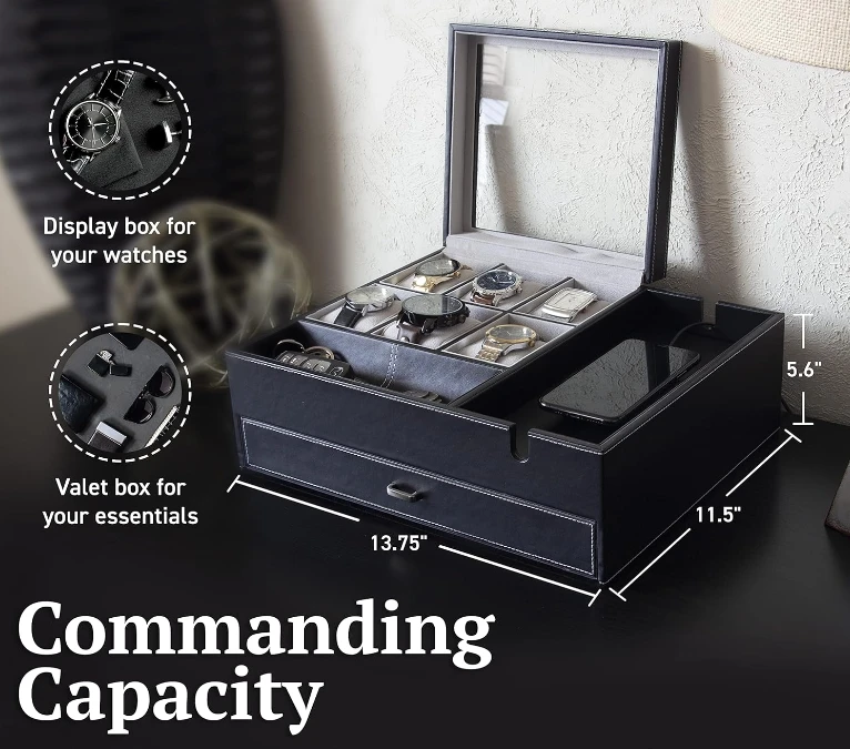 Commander Dresser Watch Leather case & Mens Jewelry Box Organizer with  Wireless Charging Station and Cufflink Box
