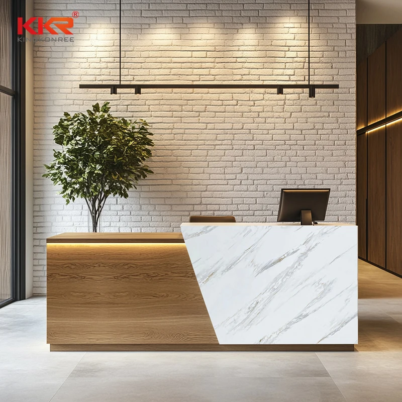 Office Custom Front Desk Hotel Supermarket Hospital Information Desk Marble Look Engineer Stone Silica Free Reception Desk