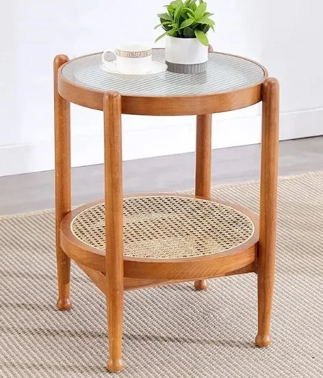 Modern Luxury Vintage Antique Royal Living Room Round Occasional Furniture Two Tier Cane Rattan ...