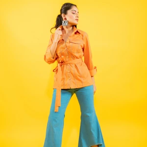 Sunrise Orange Shirt Jacket With High-low Denim Pants Set New Arrival Trending Design Two Piece Co Ord Set For Women & Girls