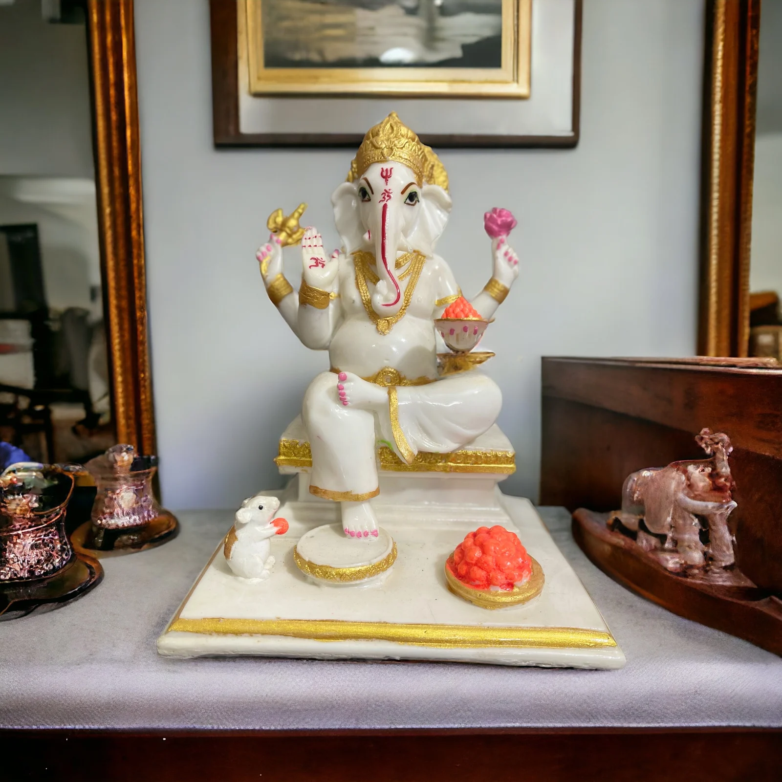 Высококачественный композитный мрамор Gajanan Ganpati белый мраморный вид Ganesha со статуей крысы высотой 26 см Бог идолов