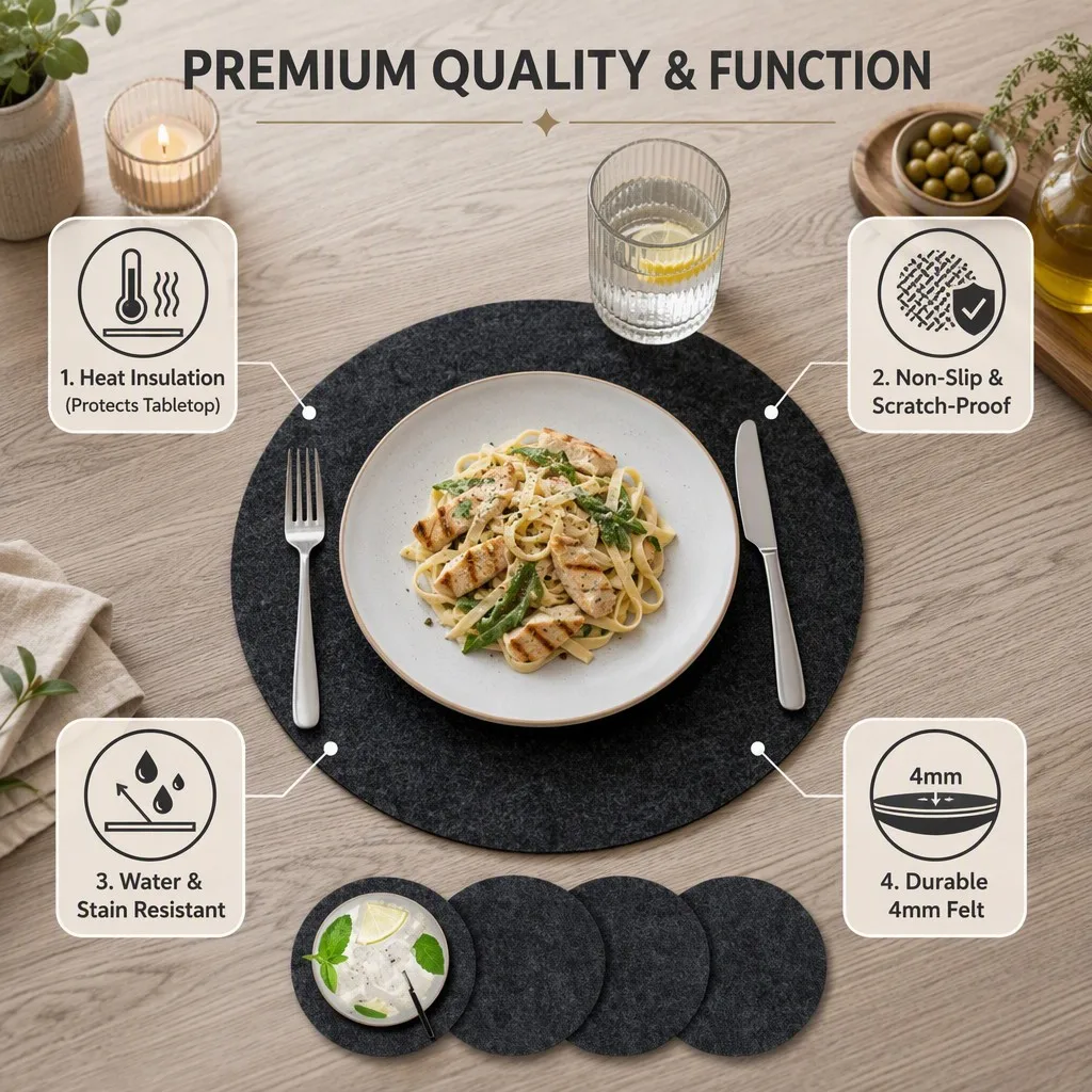Premium quality and function infographic for the round felt placemat showing heat insulation, soft surface and water stain resistant wording