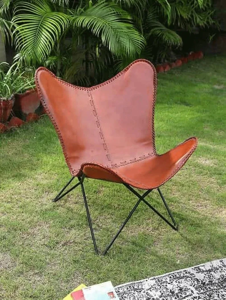 Handmade Classic Leather Brown Living Room Chair Bkf Butterfly Accent