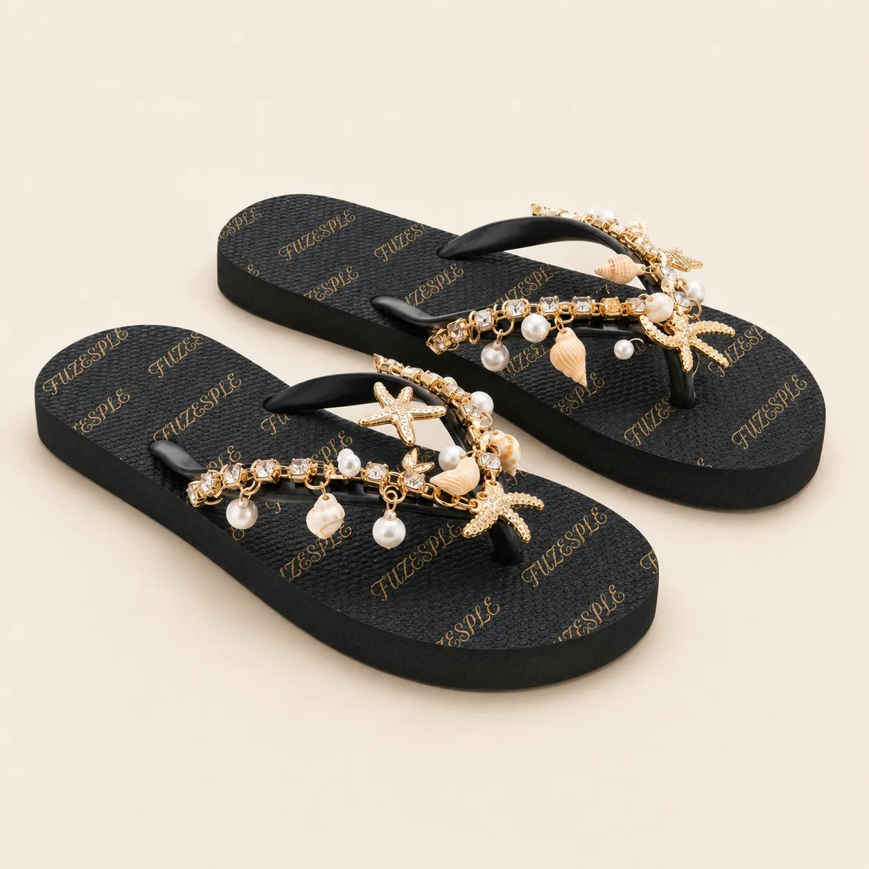 Angled black starfish shell decorated flip flops