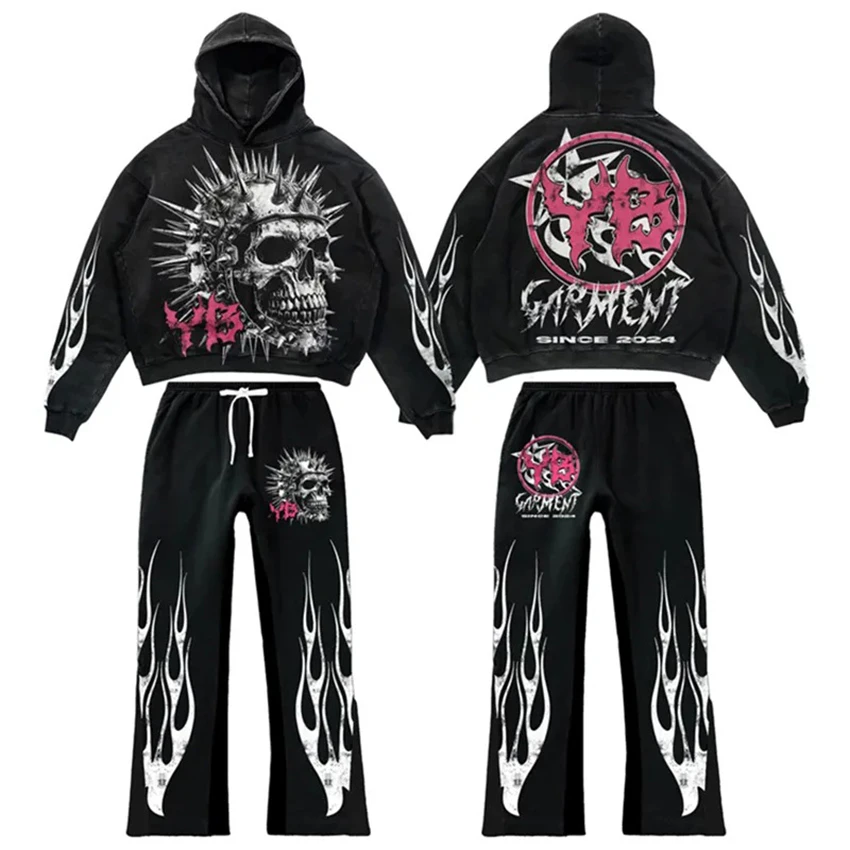 2026 Custom High Quality Streetwear Set Causal Wear Cropped Hoodie and Flared Sweatpants with Acid Wash Vintage Finish