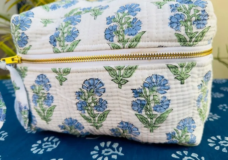 Hand Block Printed Vanity Bag for Women Travel Cosmetic Pouch Block Print Make up Pouch for Travel