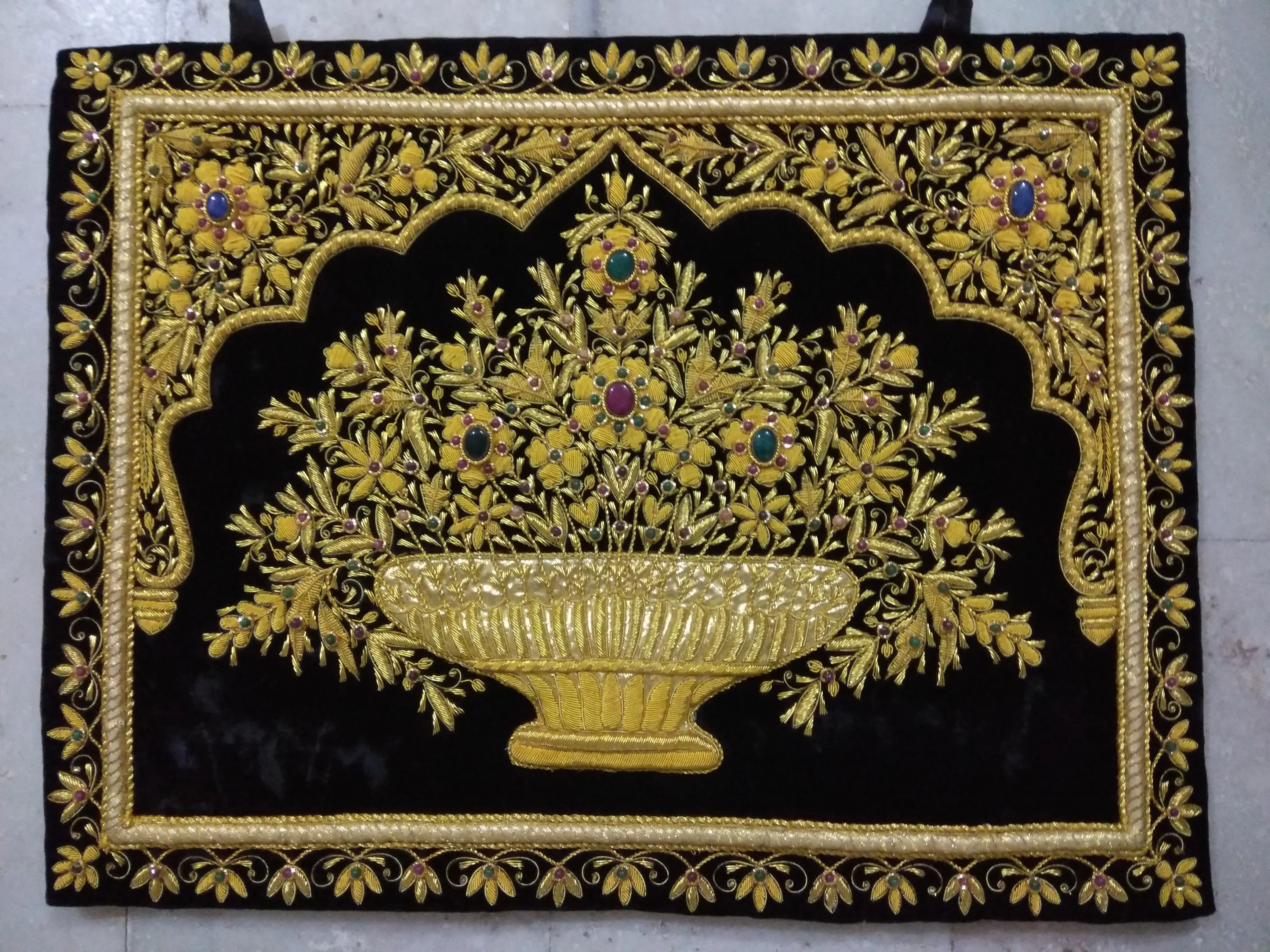 Zari Hand Embroidered Islamic Praying Wall Carpet Luxurious Spiritual Home Decor Semi-Precious Stone Inlays Cross Stitch