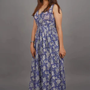 Hand Block Printed Cotton Dress Floral Print Maxi Length Sustainable Winter and Autumn