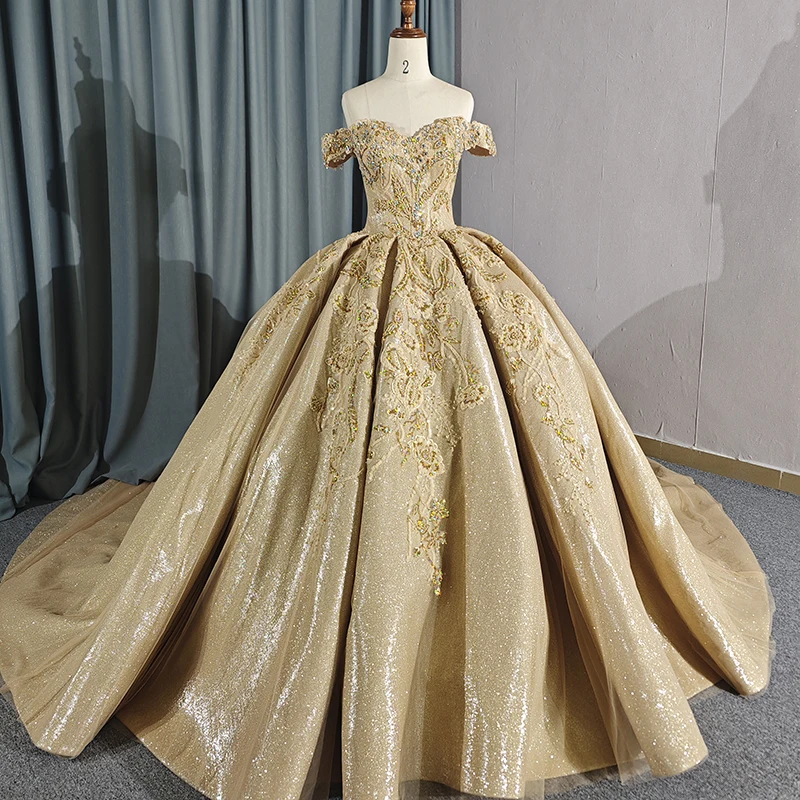Jancember 6654 Gold Sequin Ball Gown Quinceanera Dress with Long Tail -  Sweetheart Neckline, Off-The-Shoulder Sleeve, Floor-Length