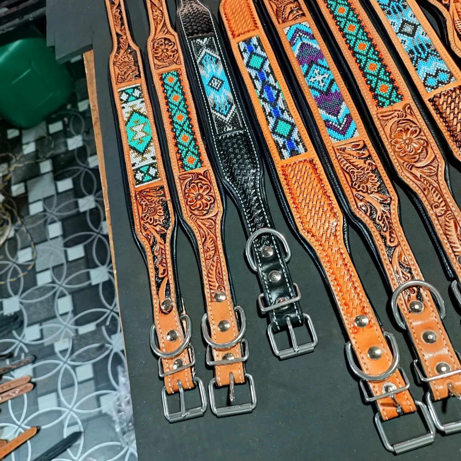 Pet Supplies Beaded Leather Dog Collar Western Beaded Soft Padded