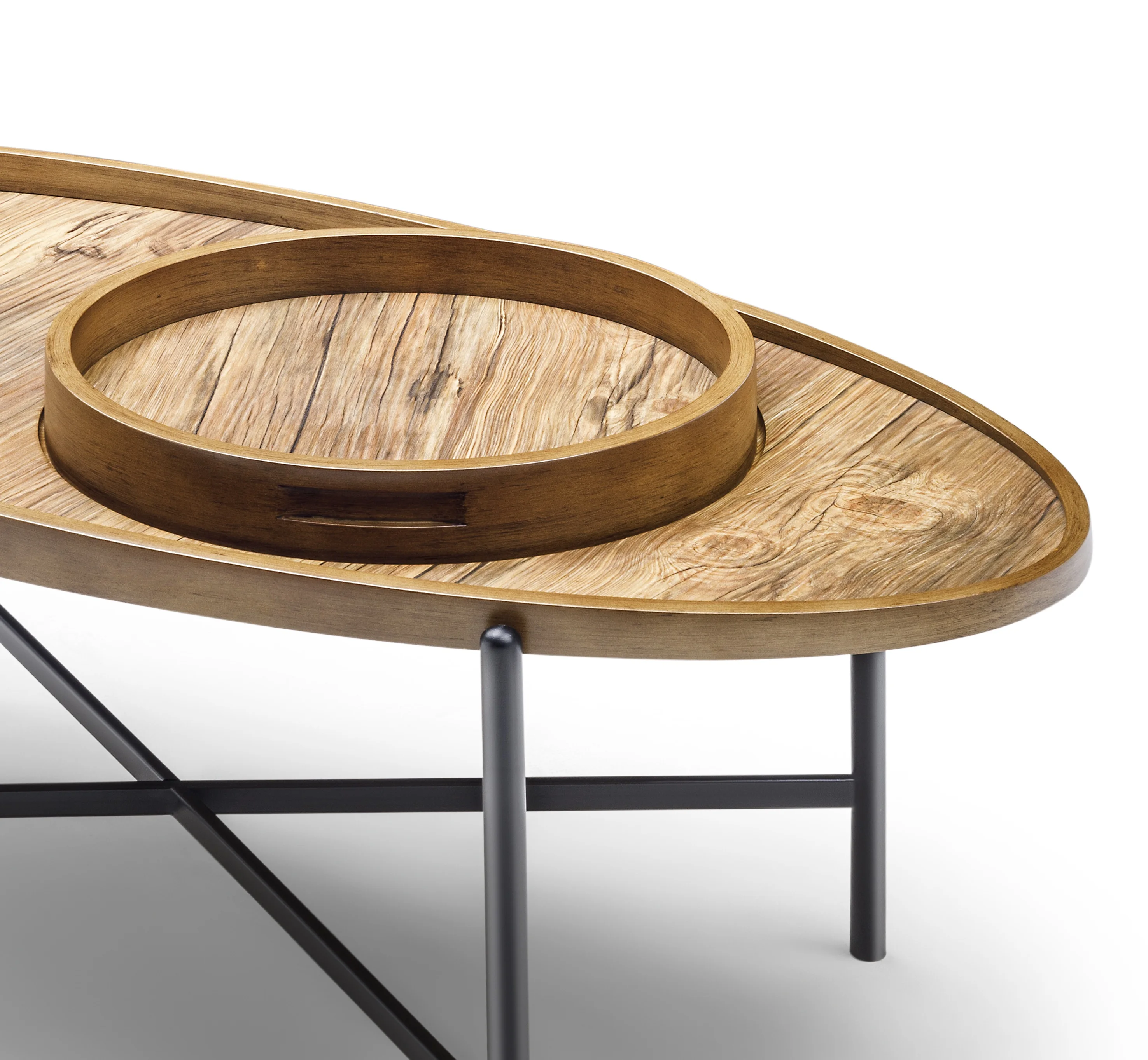 Elliptical Wooden Coffee Table with Integrated Decorative Tray Brown Elegant Design for Living Room European