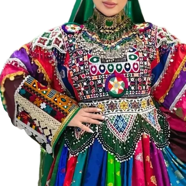 Afghani Womens Elegant Bohemian Traditional Chiffon Dress Delicate Floral Embroidery Full Sleeve Button Eco-Friendly Breathable