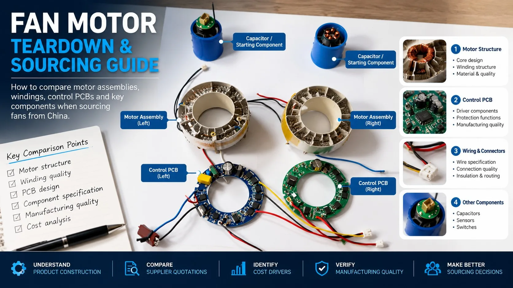 Fan motor teardown comparison showing two ring-shaped motor assemblies, winding structures, circular control PCBs, electrical wiring, and connectors