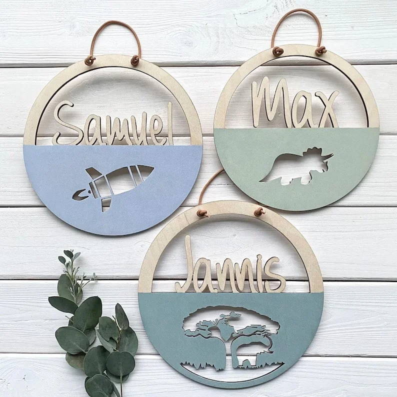 Round Wooden Photo Frame with Personal Name Engraved Gentle Pastel Printed for Bedroom Hanging Decor or Home Storage Design