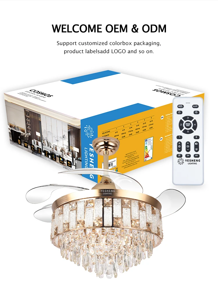 Y262 Luxury 42 Inch Ceiling Fan Light Gold Crystal Retractable Fan Light and Remote Control Invisible European LED Fan Light