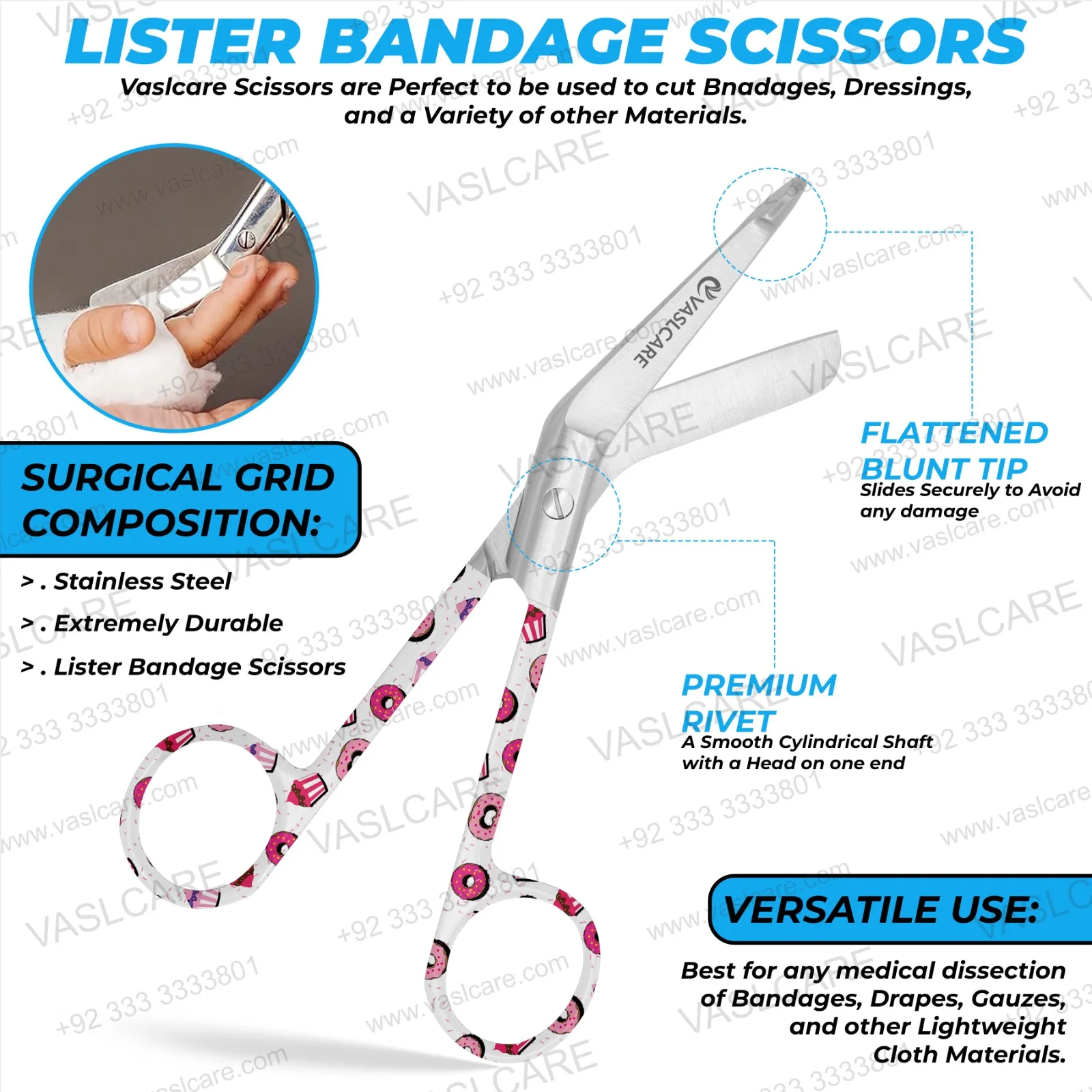 Donuts Pattern Handle Stainless Steel Bandage Scissors Blunt Tips Sharp Cutting Edge Angled Blades Manual CE Certified Medical
