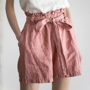 Women's High-Waisted Linen Shorts Button Summer Fashionable Belted Bermuda Breathable Loose Fit for Casual Spring Days