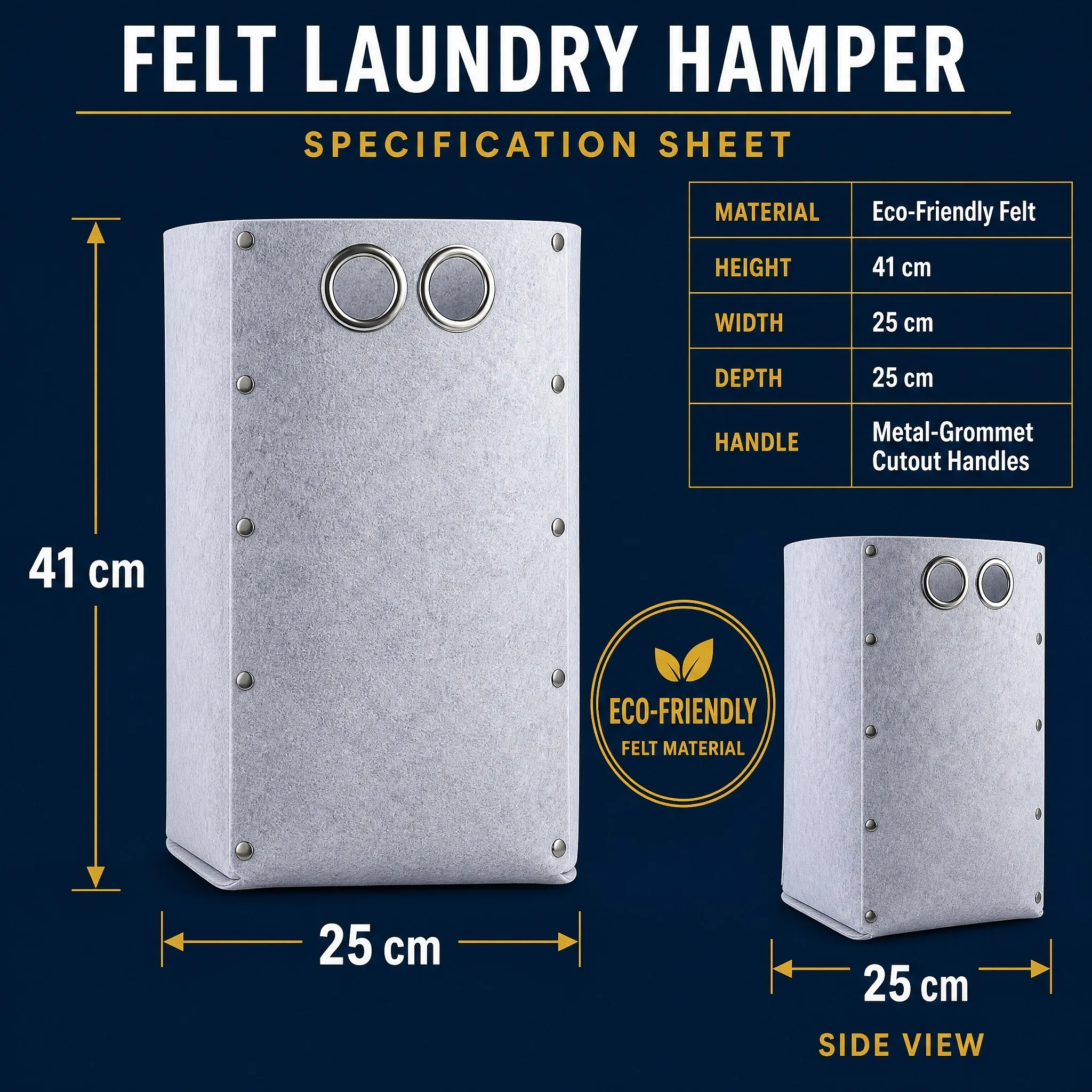Eco-friendly felt laundry hamper, 41 cm tall collapsible laundry basket with metal grommet cutout handles