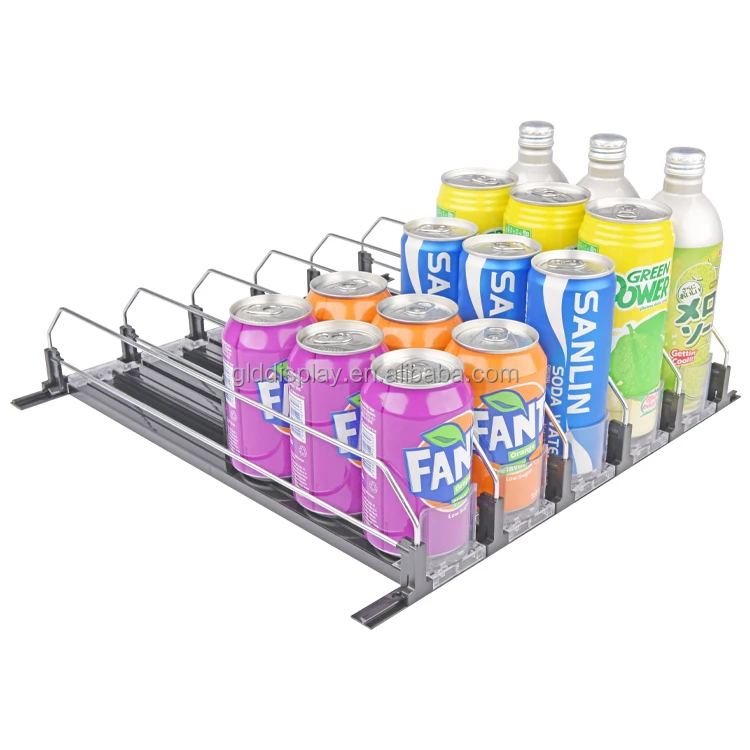 Retail Spring Loaded Fridge Bottle Can Beverage Drink Organizer Shelf Pusher Glide Tray