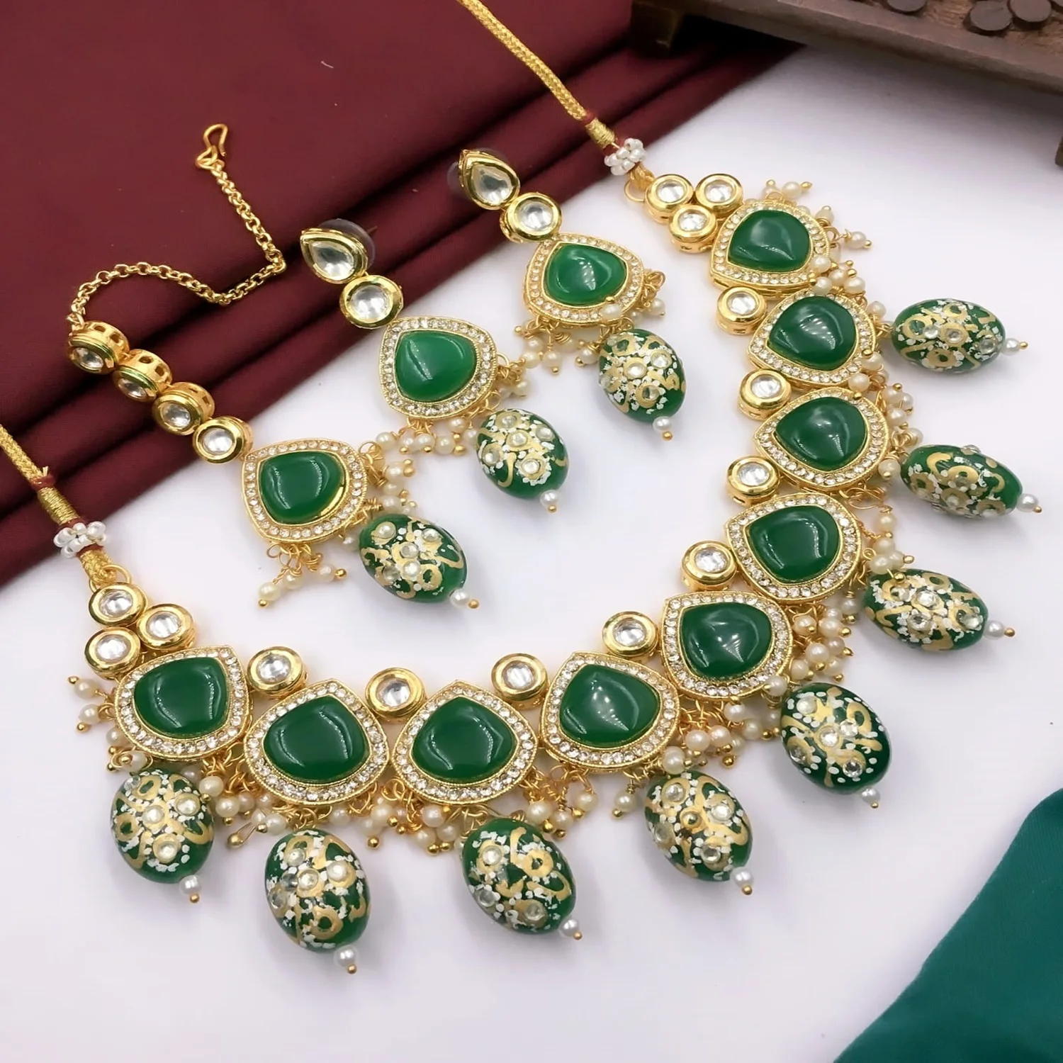 Indian Kdan Bezel Set Nelace and Long Earrings with Adjustable Pearl Monsa Stone Big Stone Wholesale Wedding Jewelry Sets