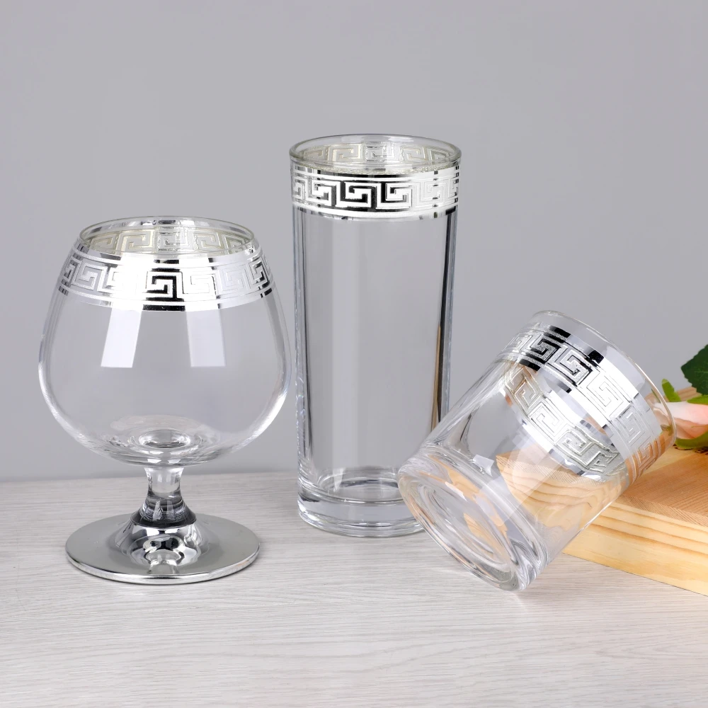 Luxury Silver Band Rim Greek Key Design Champagne Flute Brandy Highball Whiskey Wine Glass Drinkware Set Home Bar Barware