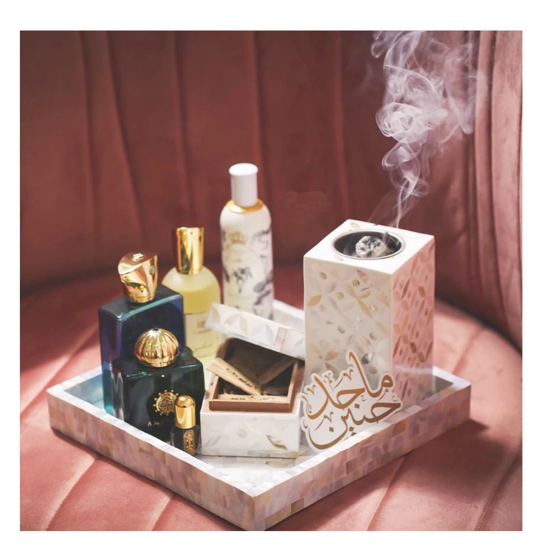 Factory Direct Mother of Pearl Inlay Bakhoor Mabkhara Bone Inlay Burner 2023 MOP Tray Medkhan Resin Box Burner Mubkhar Gift Set