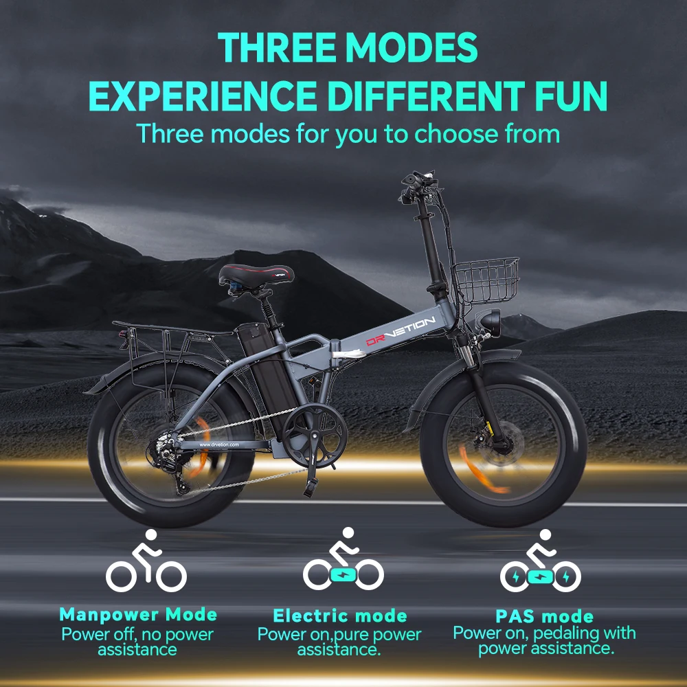 DrVetion At20 Black-Gray Electric Fat Bike 48V 750W up to 45km/h with 10AH/15AH/20AH Motor Options