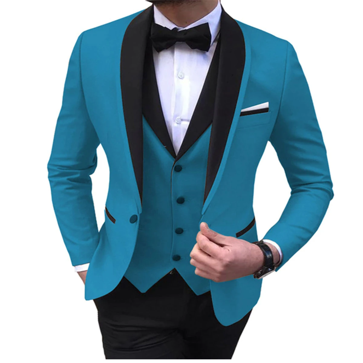 Blue Slit Mens Suits 3 Piece Black Shawl Lapel Casual Tuxedos For Wedding Groomsmen Suits Men