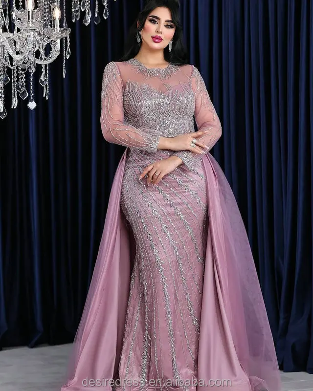 MB40064-2 Modest Luxury High Neck Bodycon Sequin Beaded Embroidered Long  Sleeve Muslim Dress With Elegant Detachable Back Skirt