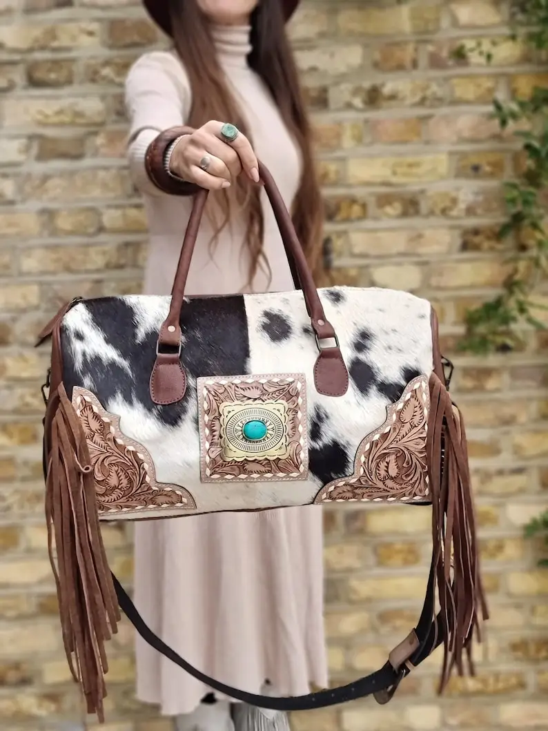 Cowhide Leather Duffel Bag With Fringe And Turquoise Stone 100 Full