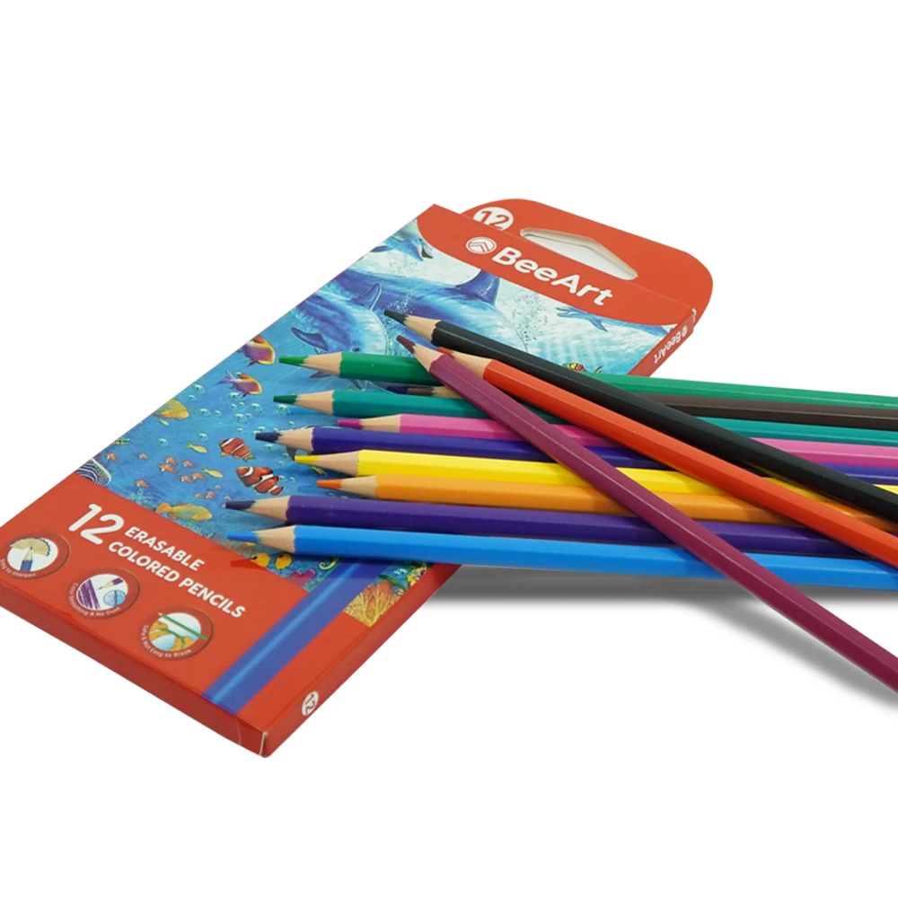 Детские стираемые цветные карандаши BeeArt, набор из 12, карандаши премиум-класса, без дублирования, предварительно заточенные, художественные принадлежности для школы,