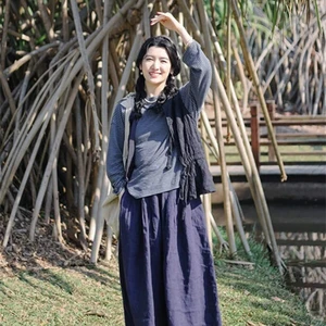 Custom Women's Natural Waist Straight Wide Leg Pants Casual Retro Trousers Elastic Waist Belt Button Big Sizes Linen Woven